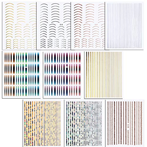 FLOFIA 10 Hojas Pegatinas Uñas 3d Cinta Adhesiva Uñas de Línea Nail Striping Tape Dorado Plateado Nail Stickers Stripe Line Curva 10 Estilos para Decoración Uñas Accesorios DIY Diseño Arte de Uñas