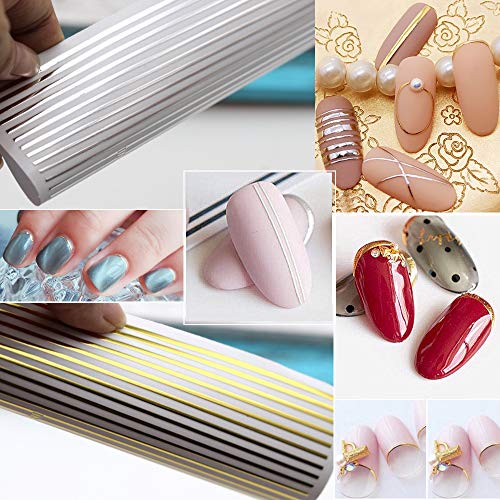 FLOFIA 10 Hojas Pegatinas Uñas 3d Cinta Adhesiva Uñas de Línea Nail Striping Tape Dorado Plateado Nail Stickers Stripe Line Curva 10 Estilos para Decoración Uñas Accesorios DIY Diseño Arte de Uñas