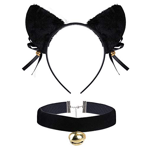 FLOFIA Kit Disfraz de Gato Accesorios Diadema de Gato Orejas de Gato + Collar Choker Terciopelo con Campana Suministros para Mujer Niña Disfraces Fiesta Halloween Cumpleaños Cosplay, Blanco/Negro