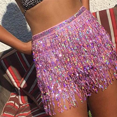 Flrora Boho Lentejuelas Fringe Falda Borla Vientre Hip Bufanda Danza Falda Envoltura Verano Playa Rave Moda Body Joyería para Mujeres y Niñas (Rosa)