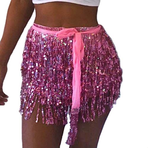 Flrora Boho Lentejuelas Fringe Falda Borla Vientre Hip Bufanda Danza Falda Envoltura Verano Playa Rave Moda Body Joyería para Mujeres y Niñas (Rosa)