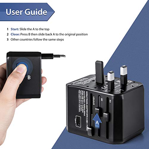 FONREST Adaptador de Corriente de Viaje Universal con 4 USB, Tipo-C Carga rapida. Todo en uno Toma de CA para el secador de Pelo 1760W, Internacional Cargador de Pared Enchufe Convertidor