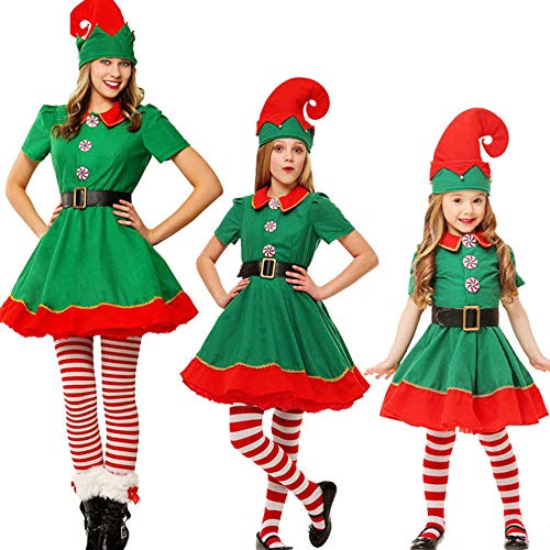 Fossen Disfraz Elfo Navidad Niñas Niños 2-16 Años Tops + Pantalones + Gorra + Calcetines Duende Costume Vestirse (4 años, Niña)