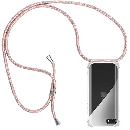 Funda con Cuerda para iPhone 5 / 5S / SE, Carcasa Transparente TPU Suave Silicona Case con Correa Colgante Ajustable Collar Correa de Cuello Cadena Cordón para iPhone 5 / 5S / SE - Oro Rosa