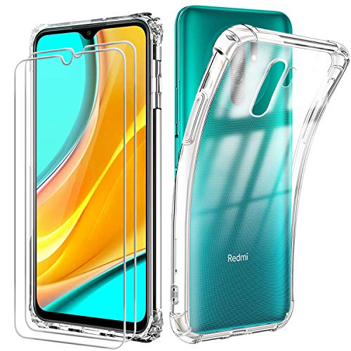 Funda para Xiaomi Redmi 9 con [2 Pack] Cristal Templado Protector de Pantalla, Suave TPU Transparente Gel Silicona Anti-caída Protectora Carcasa para Xiaomi Redmi 9 (6.53 Pulgadas)