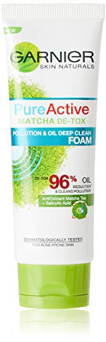 Garnier Pure Activo Matcha De-Tox follution & Aceite limpieza profunda espuma acné propensos Skin té verde 50 ml piel grasa suciedad contaminación partículas