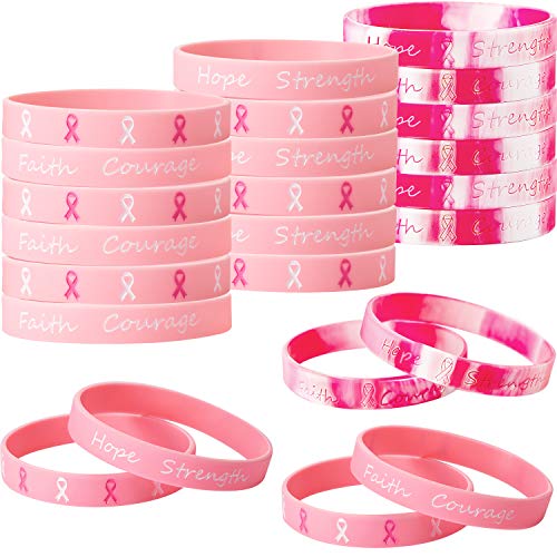 Gejoy Pulseras de Cinta Rosa de 48 Piezas de Silicona para concientizar sobre el cáncer de Mama, Pulsera de Silicona con el Valor de la Fuerza de la Esperanza Hope