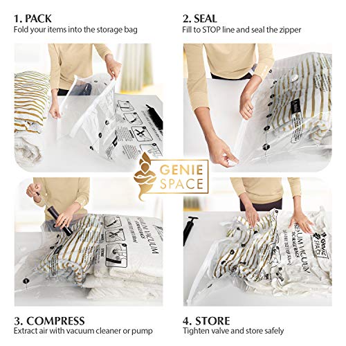 GENIE SPACE - Bolsas de Vacío Premium Increíblemente Fuertes Ahorro de Espacio | 6 x Mediana - 70x50cm | Herméticas y Reutilizables | 80% más Espacio | Ropa, Toallas, Ropa de Cama, Edredones y más