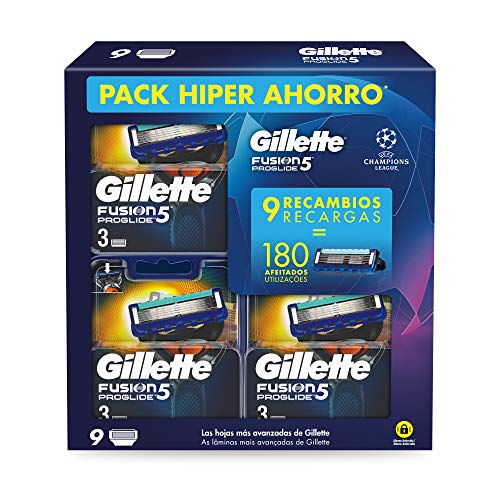 Gillete Fusion Proglide Cuchillas de Afeitar, Pack Ahorro Champions League, Paquete de 9 Cuchillas de Recambio