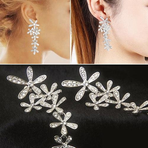 Gleader a largo lindo Crystal Rhinestone de la flor de la borla cuelga el banquete de boda de los pendientes nuevos - Plata