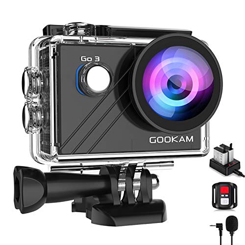 GOOKAM Cámara Deportiva 4K 20MP WiFi 170 Amplio ángulo de Visión con Control Remoto 2 Baterías Recargables y Micrófono Externo Kit de Accesorios de Cámara Acción Acuática a Prueba de Agua Kit-GO 3