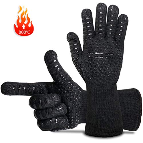 GothicBride Guantes de Barbacoa,Guantes para Horno,Guantes de Cocina,Oven Gloves Resistencia Térmica hasta 800°C,Certificación EN407 de protección contra Alta Temperatura (1 Par Negro)