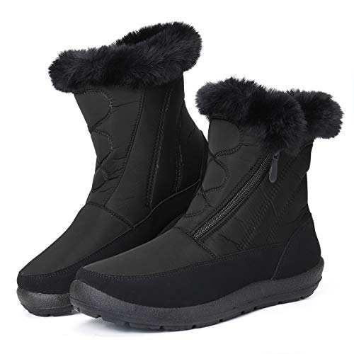 gracosy Botas Nieve Mujer Piel Forrado Tela Sintética Invierno Cálidas Botas Antideslizante Peso Ligero Plano Media Pierna Zapatos