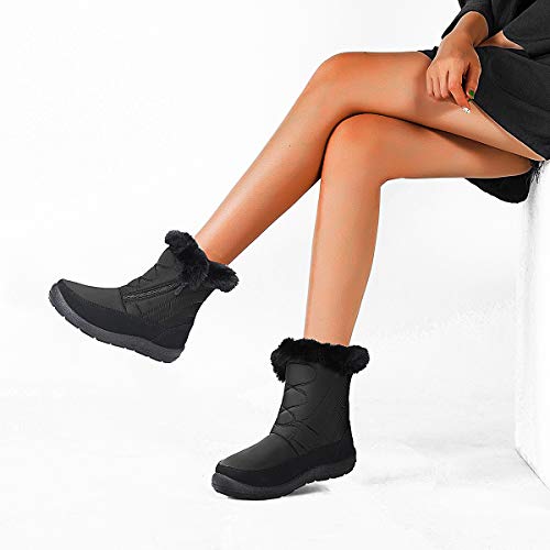 gracosy Botas Nieve Mujer Piel Forrado Tela Sintética Invierno Cálidas Botas Antideslizante Peso Ligero Plano Media Pierna Zapatos