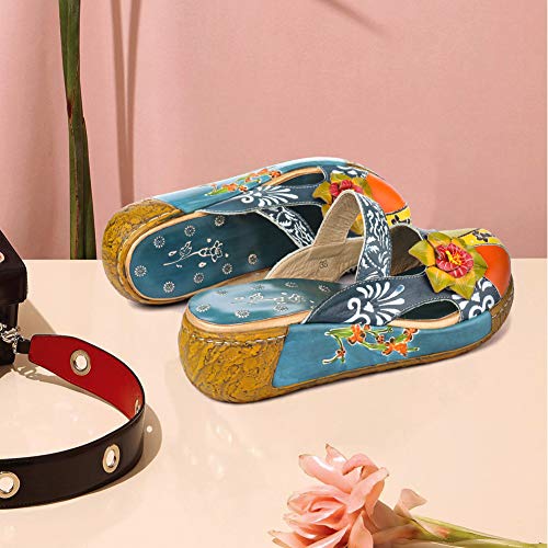 gracosy Zuecos Cuero Mujer, Zapatos Cuña Verano 2020 Tacon Plataforma Bohemias Casual Boda Fiesta Sandalias Mules Vestir con Flor Niña Azul Rojo Verde Gris Grandes