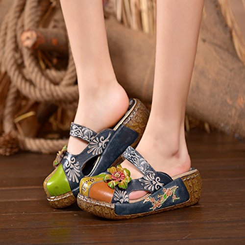 gracosy Zuecos Cuero Mujer, Zapatos Cuña Verano 2020 Tacon Plataforma Bohemias Casual Boda Fiesta Sandalias Mules Vestir con Flor Niña Azul Rojo Verde Gris Grandes