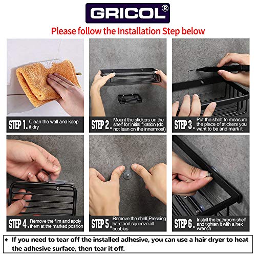 Gricol Estante de Ducha Sin Taladrar en Aluminio Aeronautico Rectangular Estanteria Baño Autoadhesivas Antioxidantes con Jabonera Organizador de Esponja para Baño Cocina 2 Piezas (Negro)