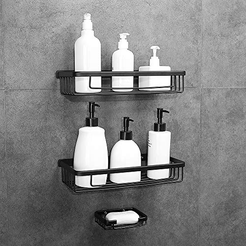 Gricol Estante de Ducha Sin Taladrar en Aluminio Aeronautico Rectangular Estanteria Baño Autoadhesivas Antioxidantes con Jabonera Organizador de Esponja para Baño Cocina 2 Piezas (Negro)