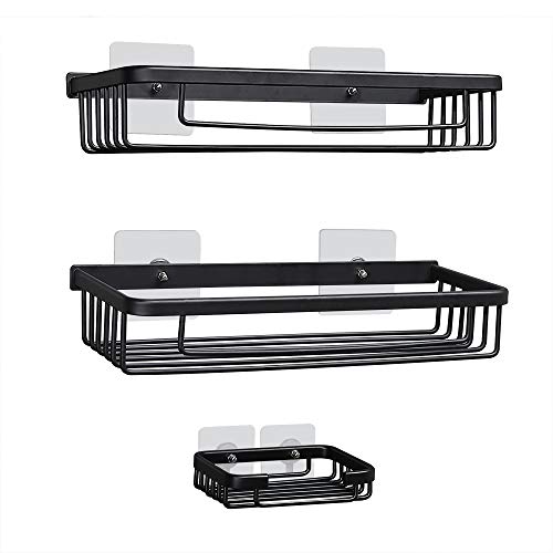 Gricol Estante de Ducha Sin Taladrar en Aluminio Aeronautico Rectangular Estanteria Baño Autoadhesivas Antioxidantes con Jabonera Organizador de Esponja para Baño Cocina 2 Piezas (Negro)