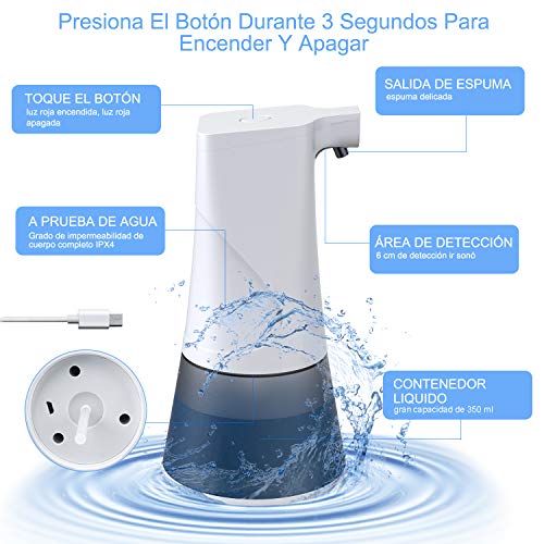 Gvoo Dispensador de Jabón Automático,Dosificador de Jabón Sensor Automático en Espuma,Impermeable IPX4,Ideal para Baño y Cocina,350ml