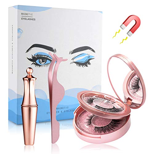 Haisito 2 Pares de Pestañas Magnéticas Eyeliner, 3D Pestañas Postizas Magnéticas Impermeable Reutilizables y Delineador de Ojos con Espejo y Pinzas, 5 Imanes Extensiones de Pestañas Suaves Naturales