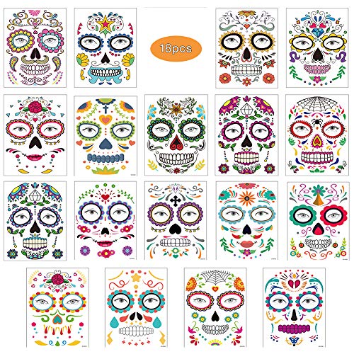 Halloween Tatuajes Temporales de Cara, Etiqueta Temporal,18 hojas Halloween Mascarada Día de los Muertos esqueleto cráneo cara completa tatuajes de maquillaje para Halloween Prop cosplay