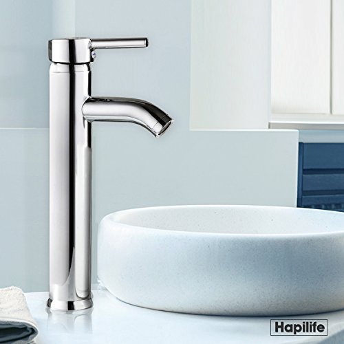 Hapilife Grifo Lavabo Alto Monomando para Baño Grifo Lavabo Inox Grifo Lavabo con Caño Alto Cromado Grifería Lavabo Monomando con Aireador Incorporado, Conexión 3/8" Española, 10 Años Garantía