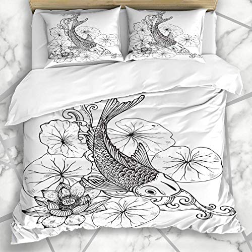 HARXISE Ropa de Cama - Funda nórdica Río Koi Peces Tatuaje Naturaleza Lotus Oriental Graphic Pond Microfibra Nuevo Conjunto de Tres Piezas de Varios Patrones Personalizados Funda de edredón 200 * 200