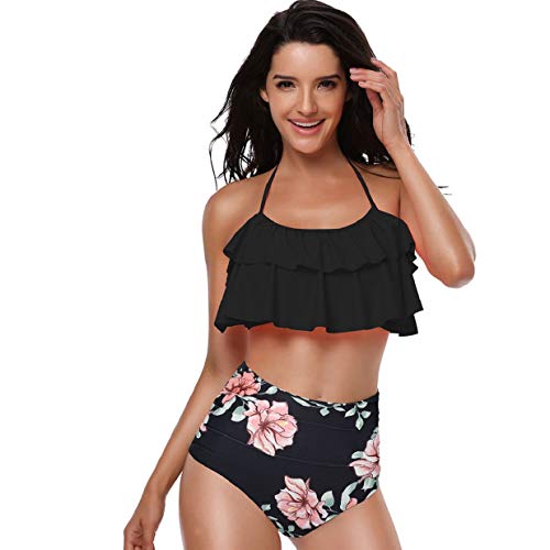 heekpek Conjunto de Bikini Mujer de Cintura Alta Traje de Baño de Dos Piezas Volantes Correas de Espagueti Bañador Plisado Estampado Rayas Ropa de Playa Tallas Grandes