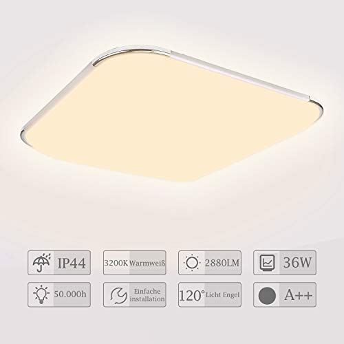 Hengda Plafon led de techo, 36W lamparas de techo habitacion, Moderna LED Plafón para Sala de Estar Baño Dormitorio Cocina Balcón Pasillo Comedor IP44, Blanco cálido