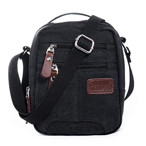 Hengwin Casual Bolso Bandolera Hombre Pequeño de Lona de Tela Bolsa de Viaje con Multiples Bolsillos, Negro