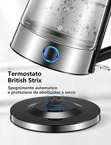 Hervidor de Agua Electrico 1.7 litros Calentador de Agua, 2200W Ebullición Rápida con Libre de BPA, Vidrio Borosilicato, Filtro Antical, Desconexión Automática