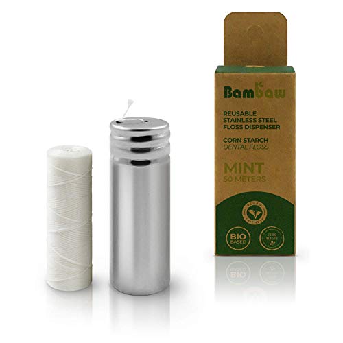 Hilo Dental Vegano | Botella + 50m Hilo Dental | Hilo Dental Biodegradable | Bote Dispensador Reutilizable de Acero Inoxidable | Higiene Dental| Bambaw