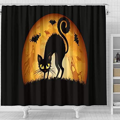 HLCE Decoraciones de la Cortina de Ducha de Halloween Gato Negro Luna Llena batido Impermeable Lavable de Dos tamaños (Tamaño : S)