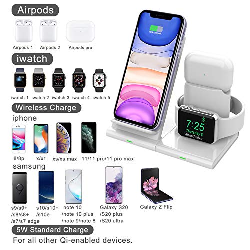 Hoidokly Cargador Inalámbrico, 3 en 1 Soporte de Carga para iPhone y Apple Watch, Base de Carga Rápida para iWatch 1/2/3/4/5, AirPods, iPhone 11/11 Pro MAX/XS MAX/XR/X(No Cable de Carga del iWatch)