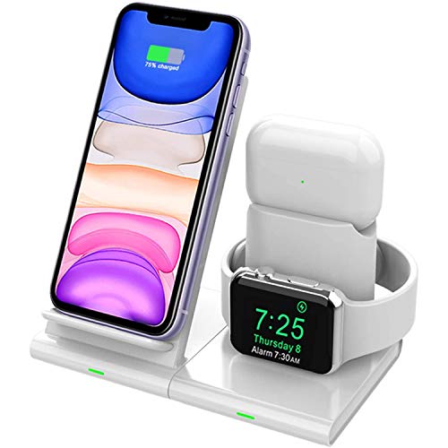 Hoidokly Cargador Inalámbrico, 3 en 1 Soporte de Carga para iPhone y Apple Watch, Base de Carga Rápida para iWatch 1/2/3/4/5, AirPods, iPhone 11/11 Pro MAX/XS MAX/XR/X(No Cable de Carga del iWatch)