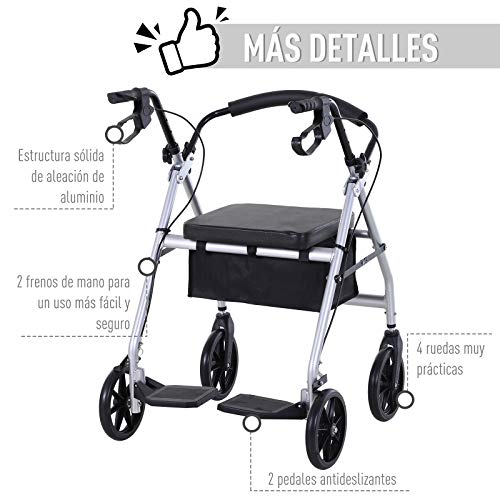 HOMCOM Andador para Adultos Plegable con Asiento Frenos Reposapiés y Bolsa de Almacenaje 75.5x58x84-99 cm Gris y Negro