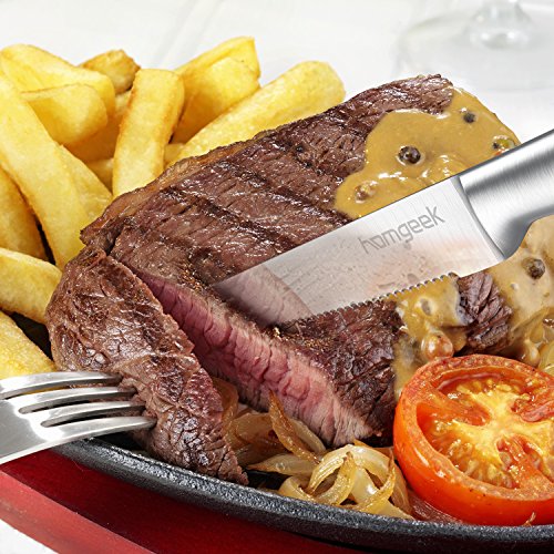 homgeek Cuchillos de Carne, Juego de 6 Cuchillos de Mesa de Acero Inoxidable, Cuchillos de Filete Cuadrado Estilo Alemán con Mango de Ergonómico, Cuchillos Cocina, 22.5 cm