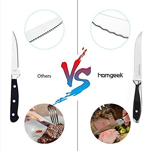 homgeek Cuchillos de Carne, Juego de 6 Cuchillos de Mesa de Acero Inoxidable, Cuchillos de Mesa de Alta Calidad, Cuchillos de Filete Cuadrado Estilo Alemán con Mango de Ergonómico, Cuchillos Cocina