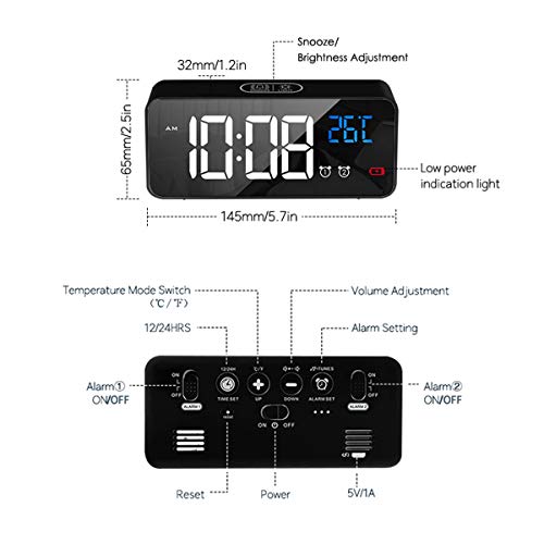 HOMVILLA Reloj Despertador Digital con Pantalla LED de Temperatura, Alarma de Espejo Portátil con Alarma Doble Tiempo de Repetición 4 Niveles de Brillo Regulable 13 Música Despertadores Digitales