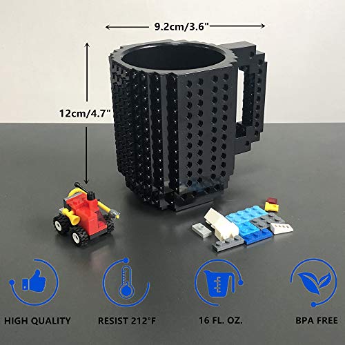 HUISHENG Build-on Brick Mug,Tazas Desayuno,Regalos para Hombre Mujer Papá Mamá Él Amigos Niños Adulto,Originales Regalo Ideal para Navidad Pascua Dia del Padre Cumpleaños,Compatible con Lego (Negro_2)