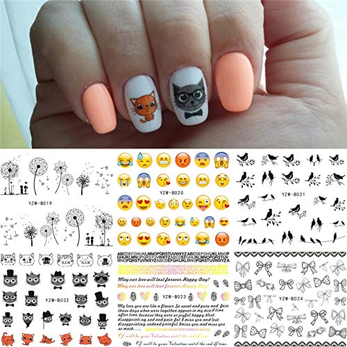 HUYDLD Pegatina De Uñas 6 Hojas/Lote Mixto Cara De Diente De León Emoji Etc Diseños De Transferencia De Agua Nails Art Sticker Nail Wrap Calcomanías