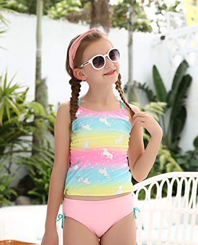 iDrawl - Tankini infantil con diseño de unicornio, para niña de 4 a 13 años, top y braguita, de verano, para la playa, protección UV, Niñas, Rosa-1., XL(für 12-13 Jahre Alte,145-155 cm)