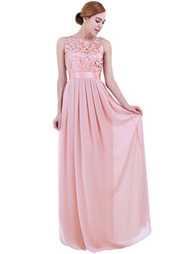 iiniim Mujer Vestido Largo Floreado de Fiesta Boda Vestido Vintage Retro Elegente Dama de Honor de Novia Encaje Traje de Gasa para Mujeres Varias Tallas Rosa Clara 44