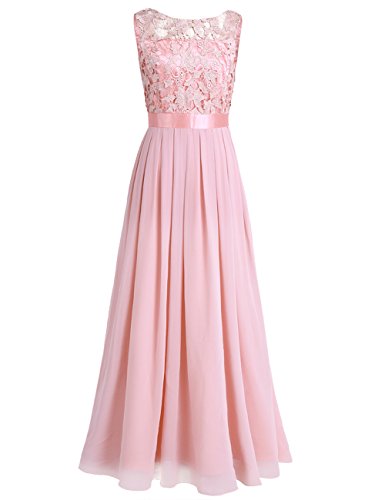 iiniim Mujer Vestido Largo Floreado de Fiesta Boda Vestido Vintage Retro Elegente Dama de Honor de Novia Encaje Traje de Gasa para Mujeres Varias Tallas Rosa Clara 44