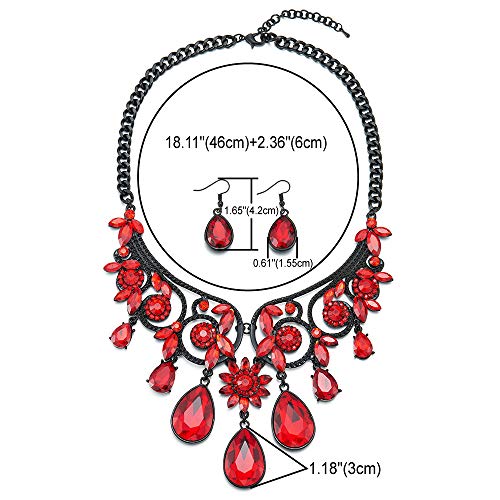 iMETACLII Victoriano Negro Statement Collar Rojo Cristal Cluster Lágrima Floral Chandelier Colgante Pendientes Set