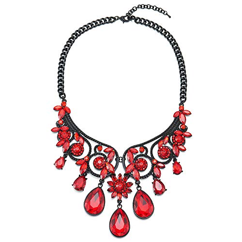 iMETACLII Victoriano Negro Statement Collar Rojo Cristal Cluster Lágrima Floral Chandelier Colgante Pendientes Set