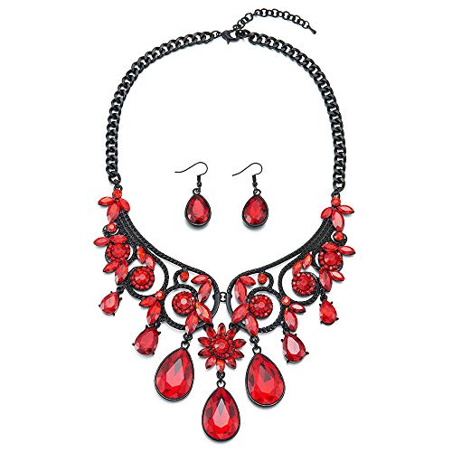 iMETACLII Victoriano Negro Statement Collar Rojo Cristal Cluster Lágrima Floral Chandelier Colgante Pendientes Set