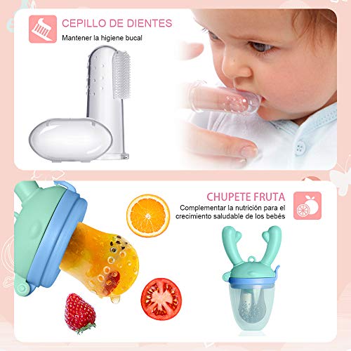 INPHER Mordedor para Bebé, 16 Piezas Sonajeros Bebe Mordedores de Dentición de Niños, Sin BPA, con Chupete Fruta y Cepillo Dientes Bebe Silicona Con Caja，Puede Esterilizarse en Agua a 120 ° C