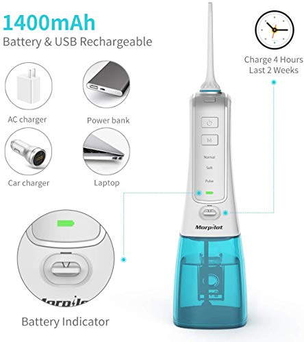 Irrigador Bucal Portátil 300ml, morpilot Irrigador Higiene Dental Profesional con 6 Boquillas, 3 Modos, IPX7 Impermeable, USB Recargable la FDA perfecto para Viaje & Higiene Dental Regalo Familiar